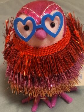 Spritz Tinzel 2026 Pink Metallic Plush Bird with Heart Sunglasses, 6" Tall